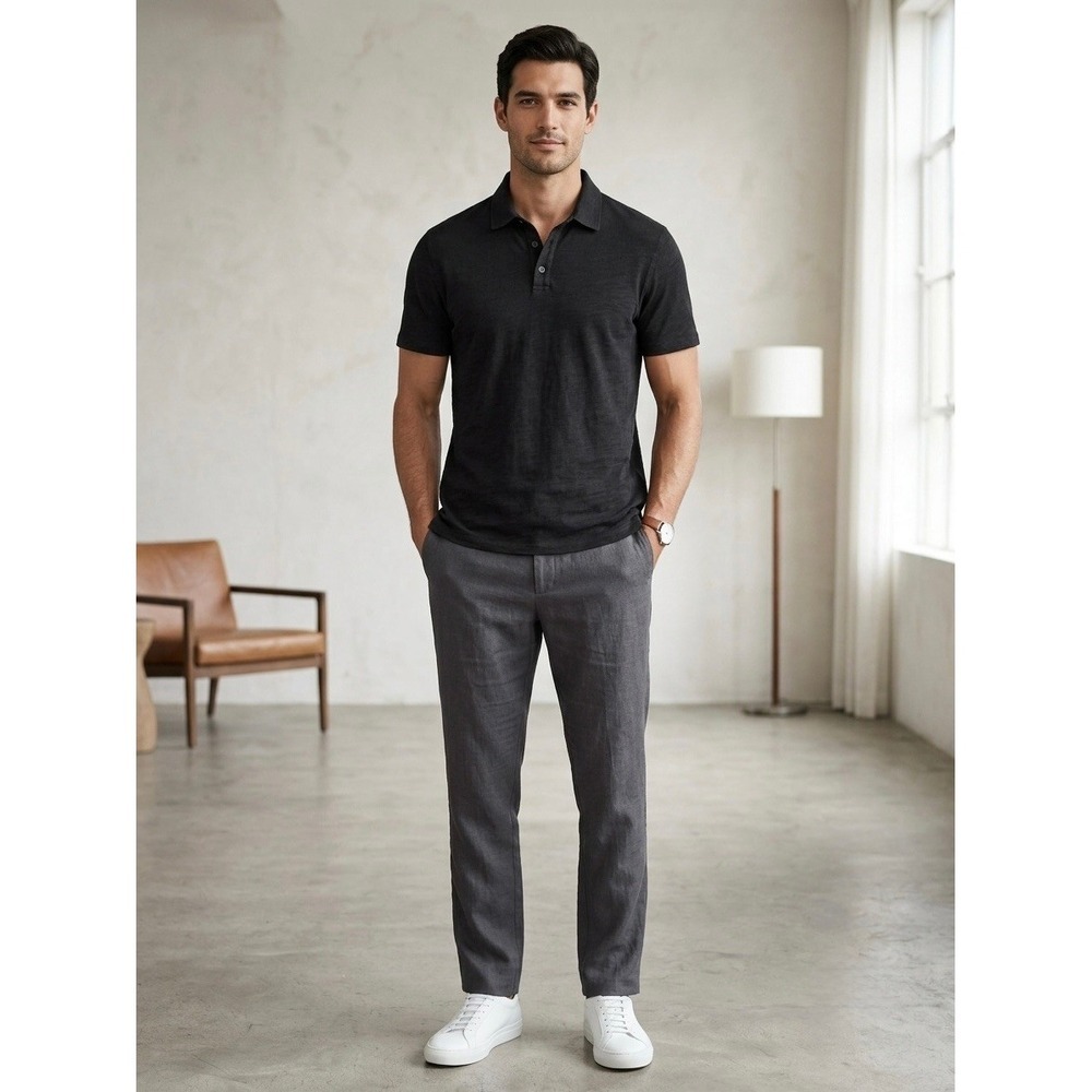 Vince Mens Black Slub Cotton Short Sleeve Polo Shirt L MX5239400